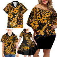 Hawaii Ukulele Family Matching Off Shoulder Short Dress and Hawaiian Shirt Polynesian Pattern Gold Version - Wonder Print Shop