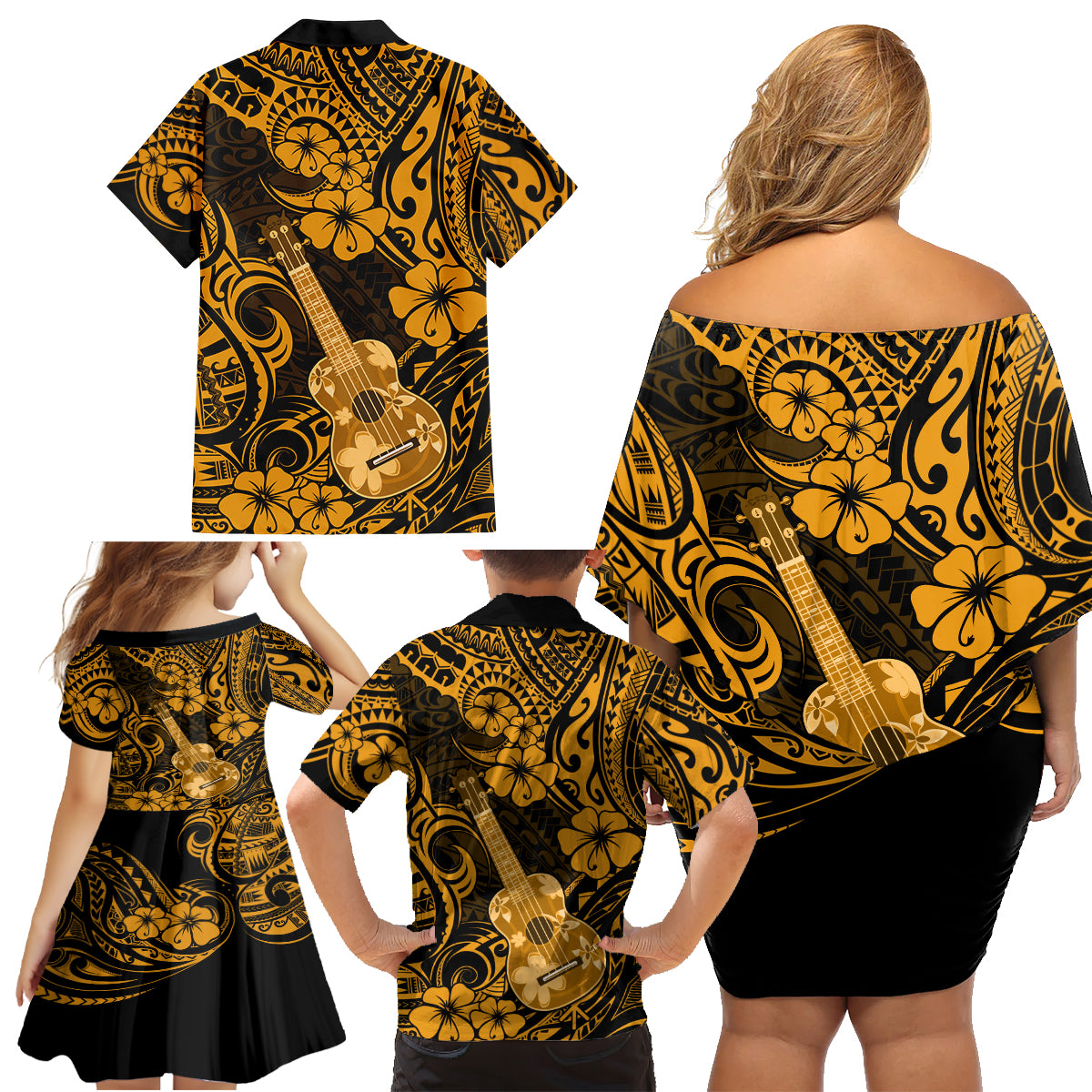 Hawaii Ukulele Family Matching Off Shoulder Short Dress and Hawaiian Shirt Polynesian Pattern Gold Version - Wonder Print Shop
