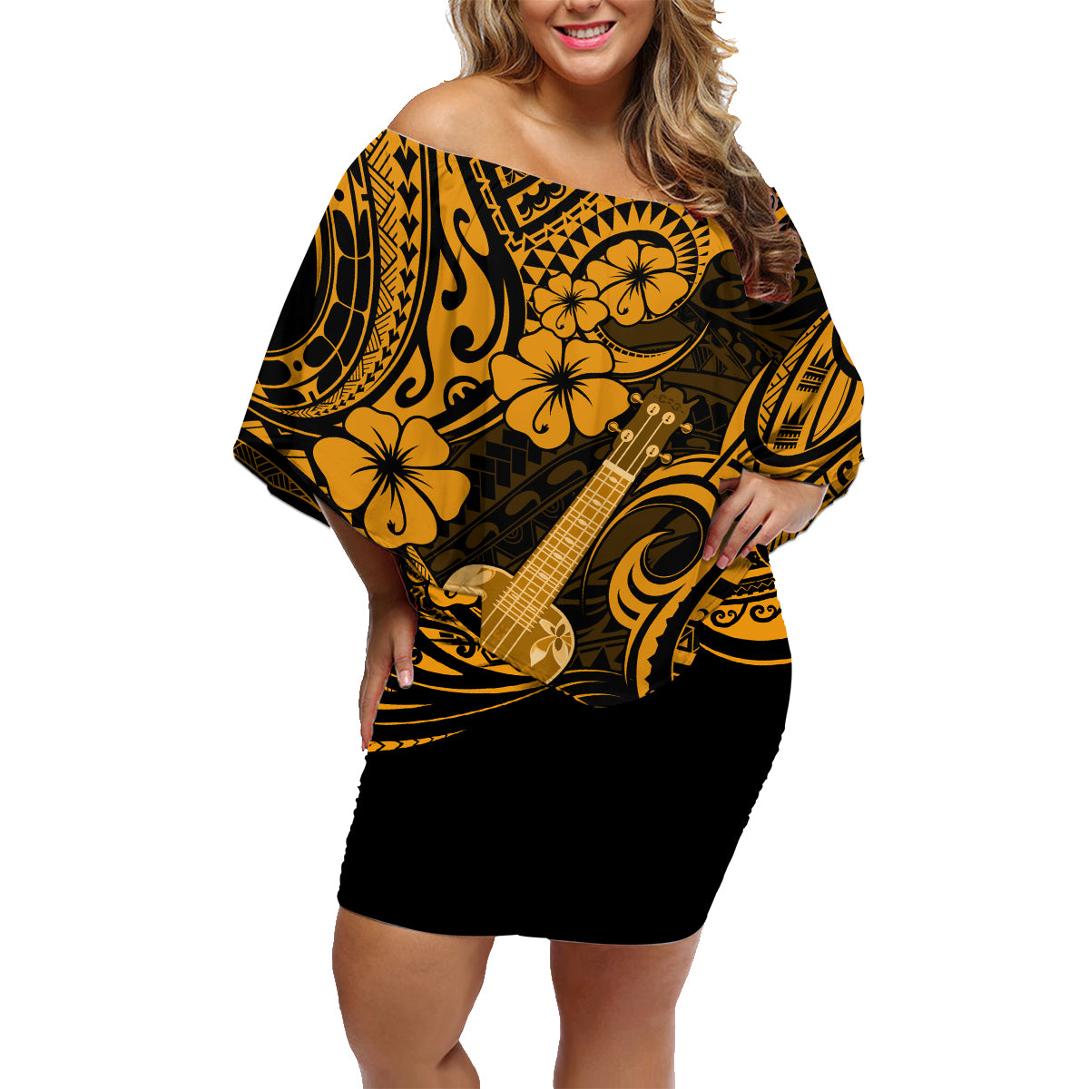 Hawaii Ukulele Family Matching Off Shoulder Short Dress and Hawaiian Shirt Polynesian Pattern Gold Version - Wonder Print Shop