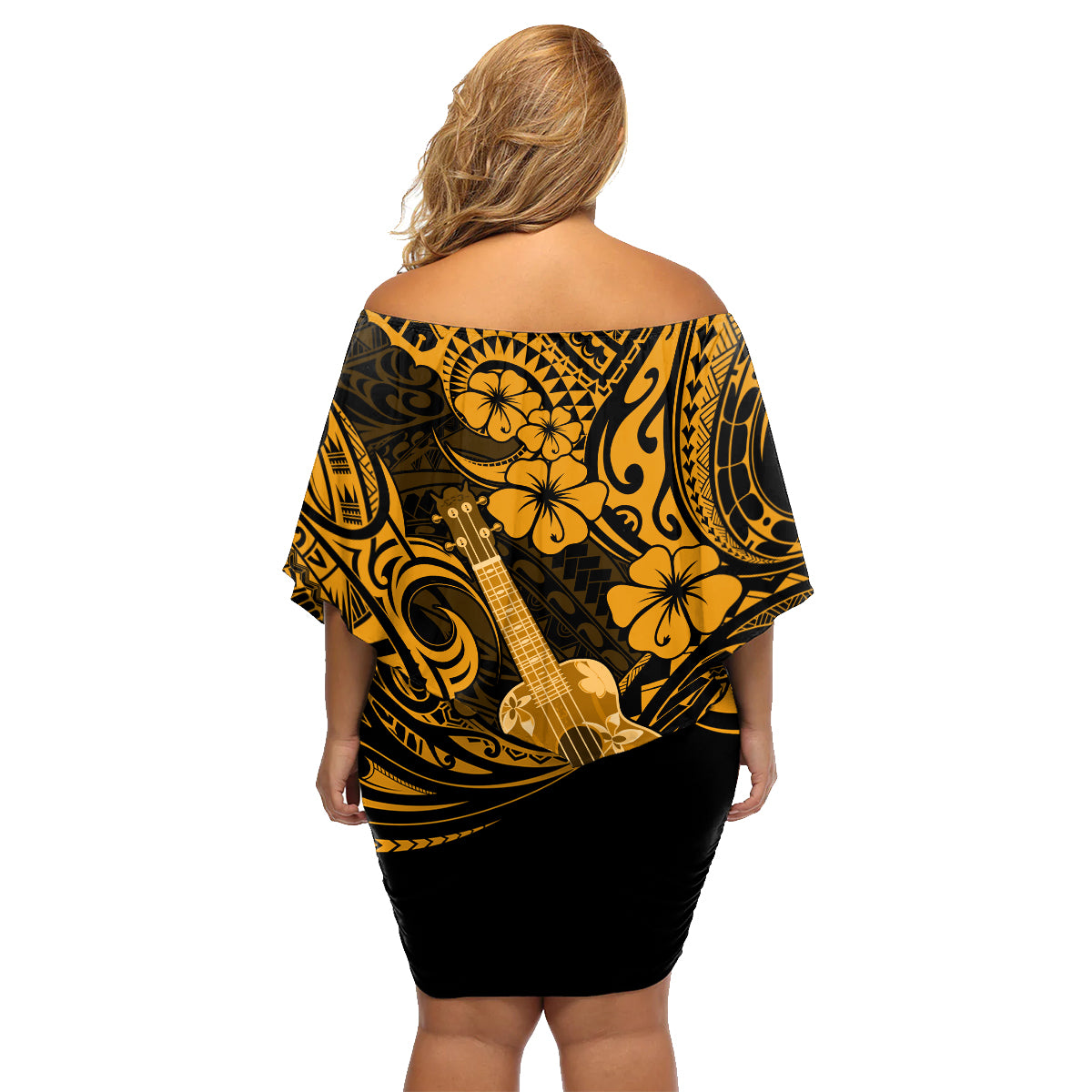 Hawaii Ukulele Family Matching Off Shoulder Short Dress and Hawaiian Shirt Polynesian Pattern Gold Version - Wonder Print Shop