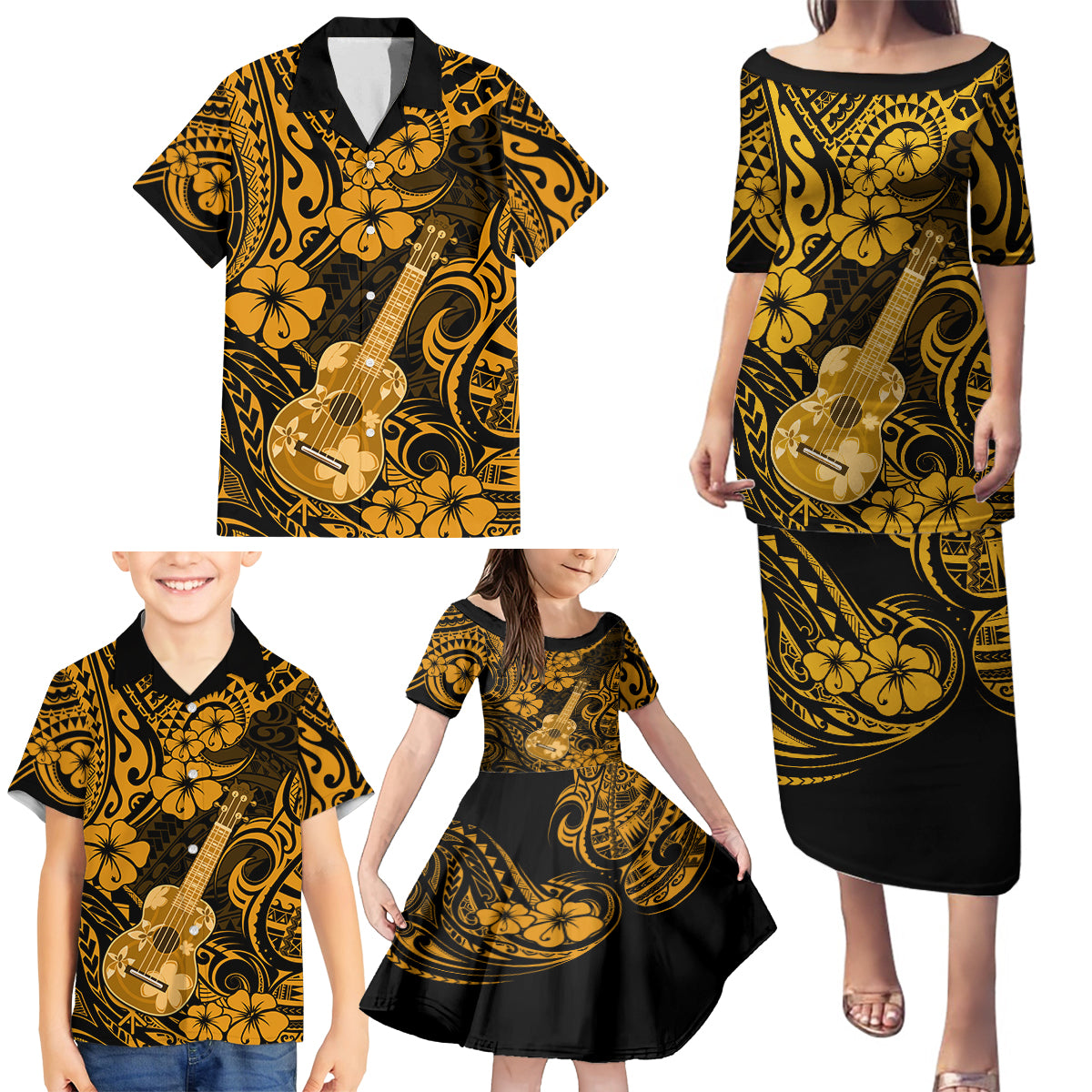 Hawaii Ukulele Family Matching Puletasi Dress and Hawaiian Shirt Polynesian Pattern Gold Version - Wonder Print Shop