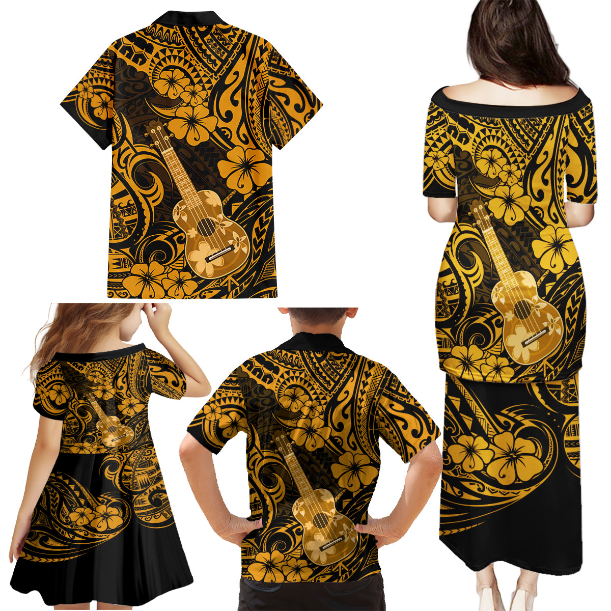 Hawaii Ukulele Family Matching Puletasi Dress and Hawaiian Shirt Polynesian Pattern Gold Version - Wonder Print Shop
