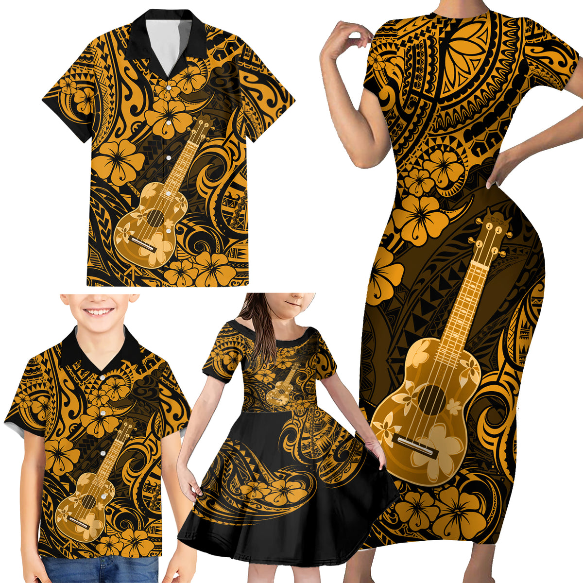Hawaii Ukulele Family Matching Short Sleeve Bodycon Dress and Hawaiian Shirt Polynesian Pattern Gold Version - Wonder Print Shop