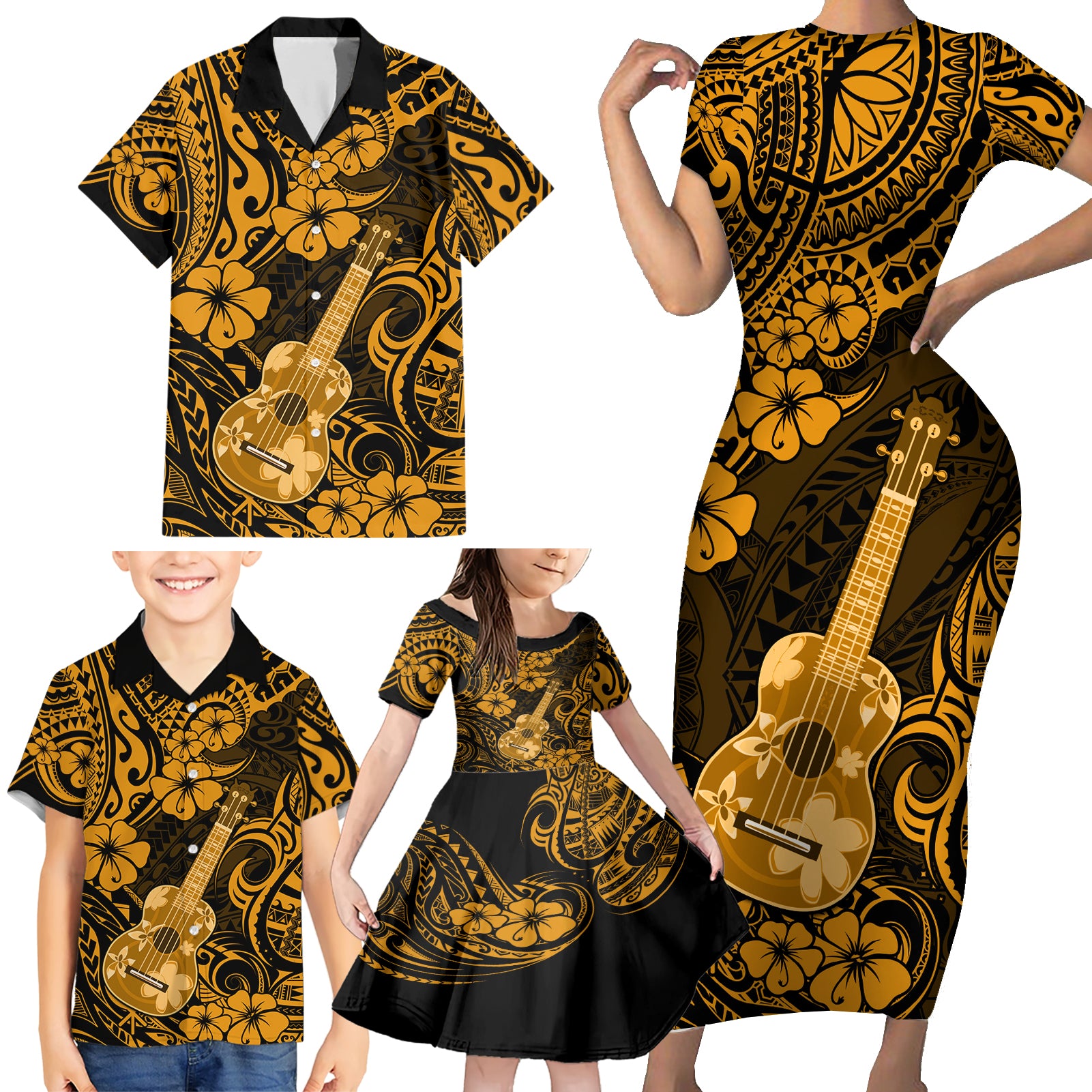 Hawaii Ukulele Family Matching Short Sleeve Bodycon Dress and Hawaiian Shirt Polynesian Pattern Gold Version - Wonder Print Shop