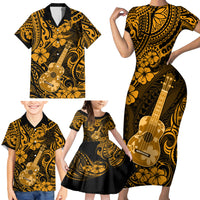 Hawaii Ukulele Family Matching Short Sleeve Bodycon Dress and Hawaiian Shirt Polynesian Pattern Gold Version - Wonder Print Shop