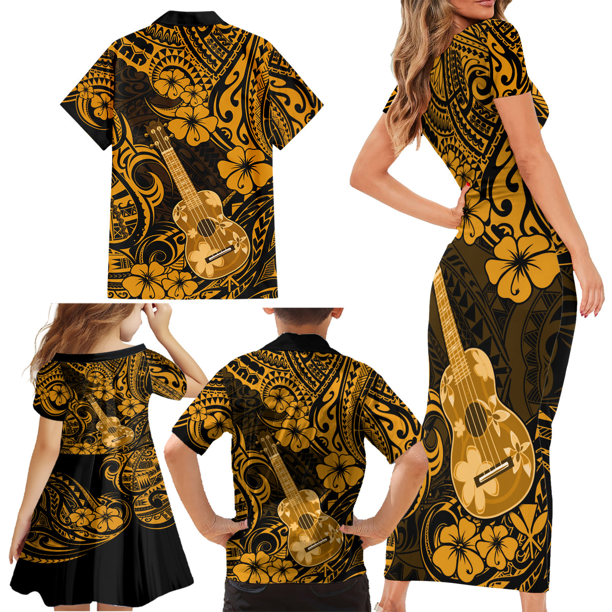 Hawaii Ukulele Family Matching Short Sleeve Bodycon Dress and Hawaiian Shirt Polynesian Pattern Gold Version - Wonder Print Shop