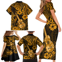 Hawaii Ukulele Family Matching Short Sleeve Bodycon Dress and Hawaiian Shirt Polynesian Pattern Gold Version - Wonder Print Shop