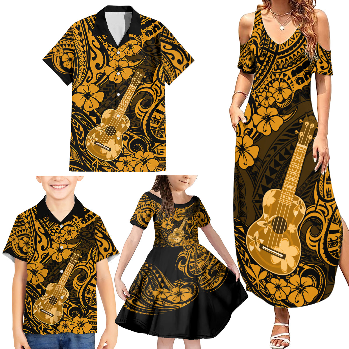 Hawaii Ukulele Family Matching Summer Maxi Dress and Hawaiian Shirt Polynesian Pattern Gold Version - Wonder Print Shop