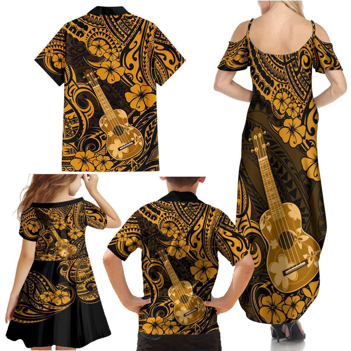Hawaii Ukulele Family Matching Summer Maxi Dress and Hawaiian Shirt Polynesian Pattern Gold Version - Wonder Print Shop
