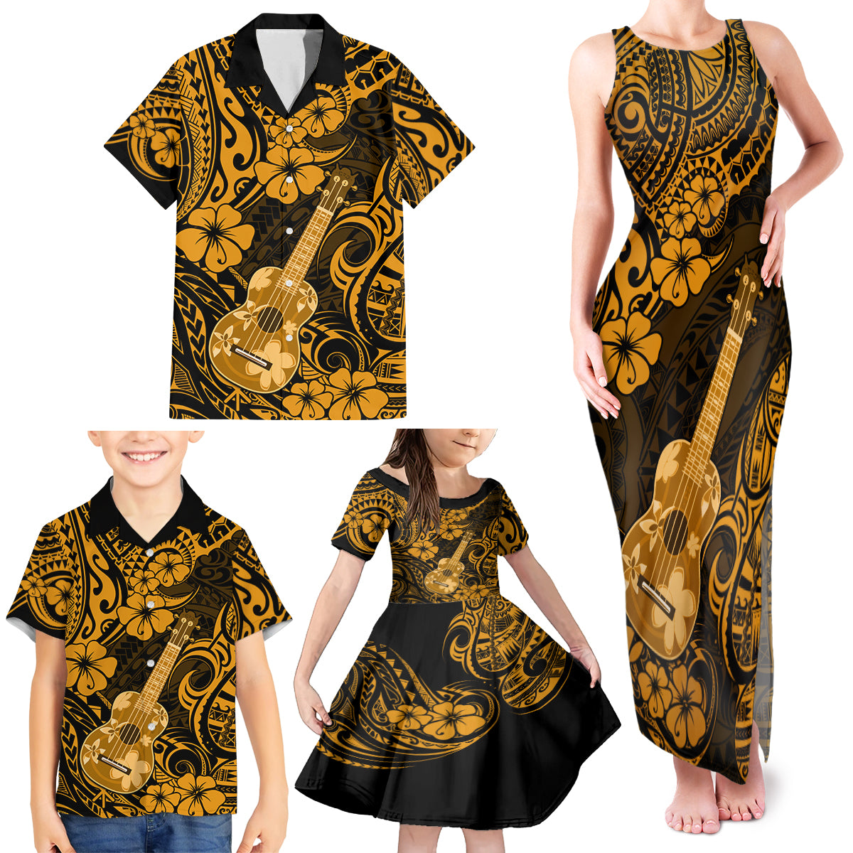 Hawaii Ukulele Family Matching Tank Maxi Dress and Hawaiian Shirt Polynesian Pattern Gold Version - Wonder Print Shop