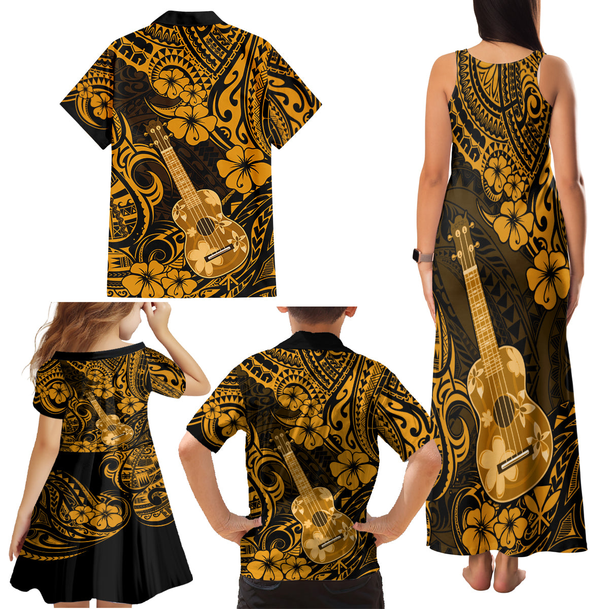 Hawaii Ukulele Family Matching Tank Maxi Dress and Hawaiian Shirt Polynesian Pattern Gold Version - Wonder Print Shop
