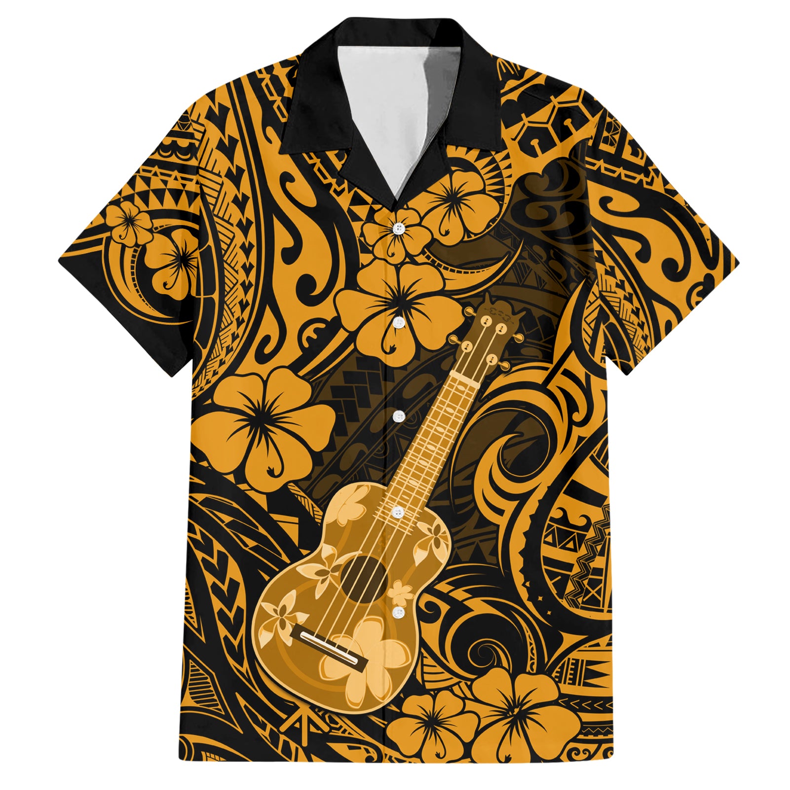 Hawaii Ukulele Hawaiian Shirt Polynesian Pattern Gold Version - Wonder Print Shop
