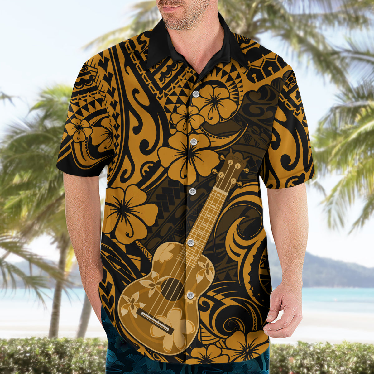 Hawaii Ukulele Hawaiian Shirt Polynesian Pattern Gold Version - Wonder Print Shop