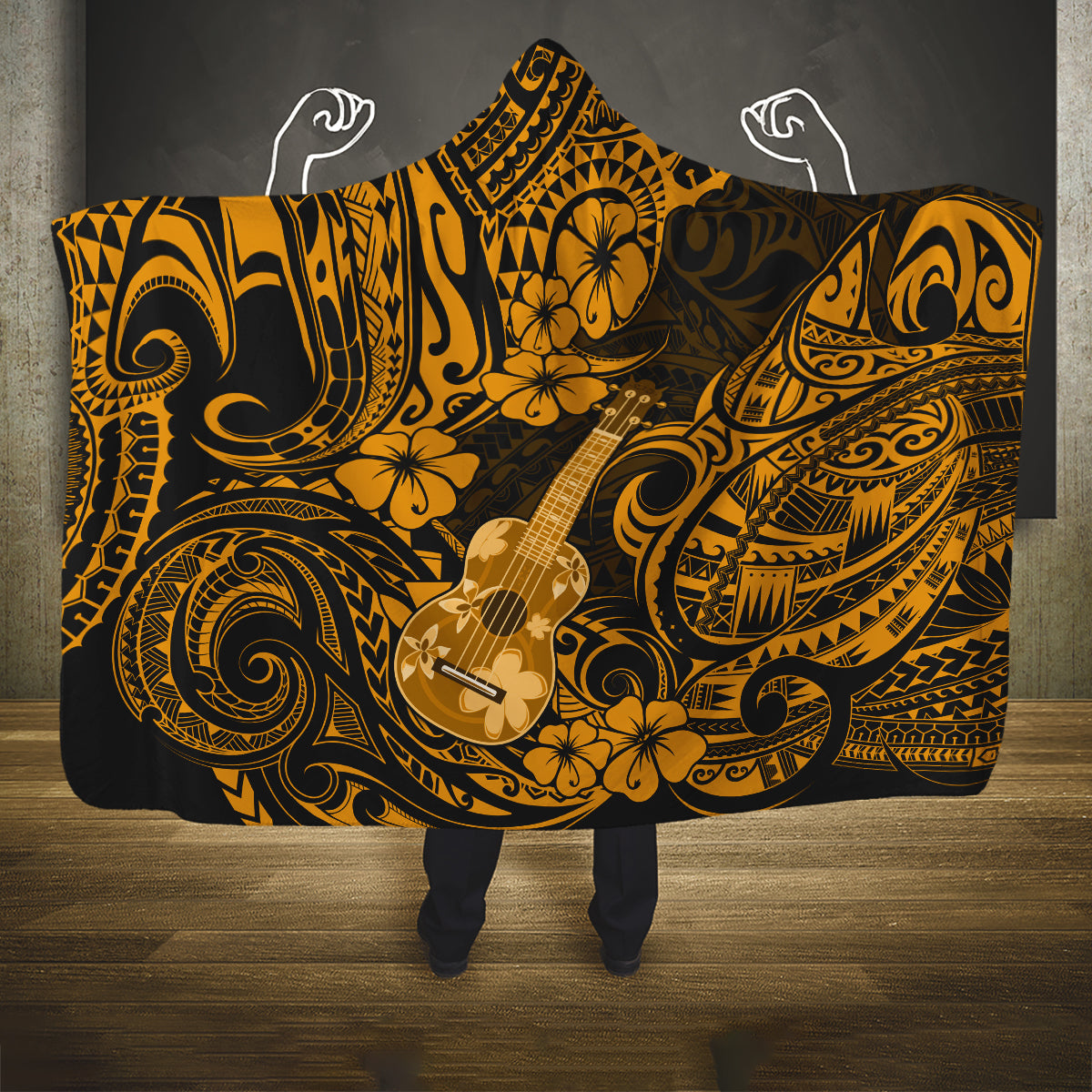 hawaii-ukulele-hooded-blanket-polynesian-pattern-gold-version