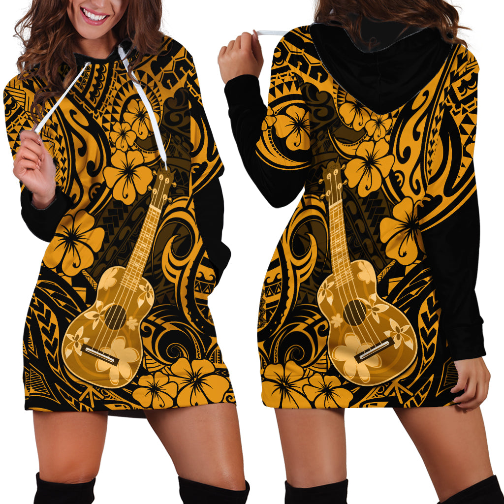 Hawaii Ukulele Hoodie Dress Polynesian Pattern Gold Version - Wonder Print Shop