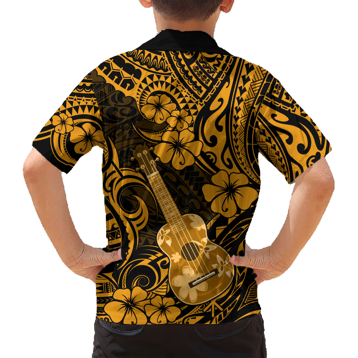 Hawaii Ukulele Kid Hawaiian Shirt Polynesian Pattern Gold Version - Wonder Print Shop