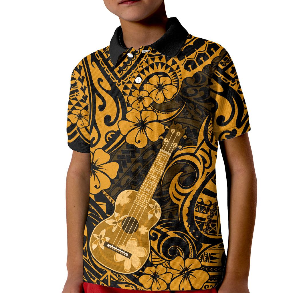 Hawaii Ukulele Kid Polo Shirt Polynesian Pattern Gold Version - Wonder Print Shop