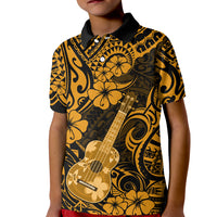 Hawaii Ukulele Kid Polo Shirt Polynesian Pattern Gold Version - Wonder Print Shop