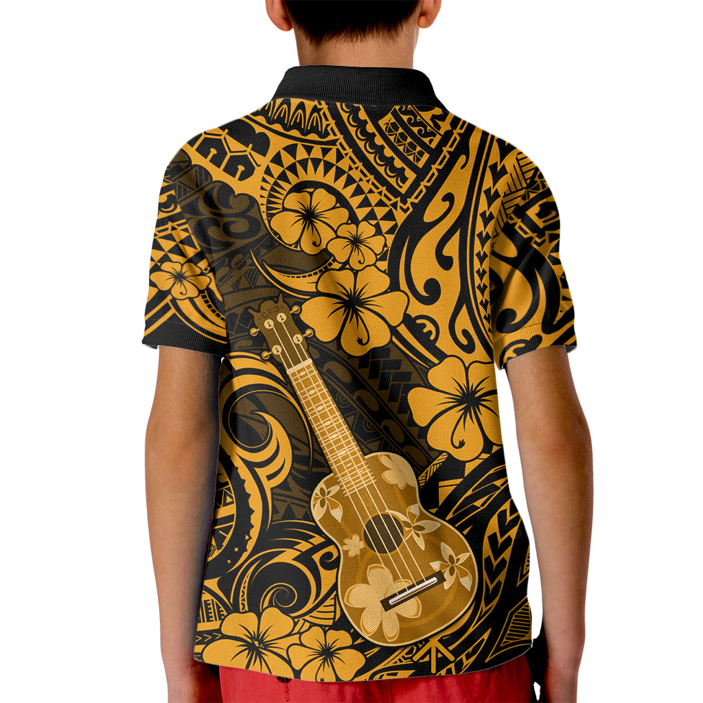 Hawaii Ukulele Kid Polo Shirt Polynesian Pattern Gold Version - Wonder Print Shop