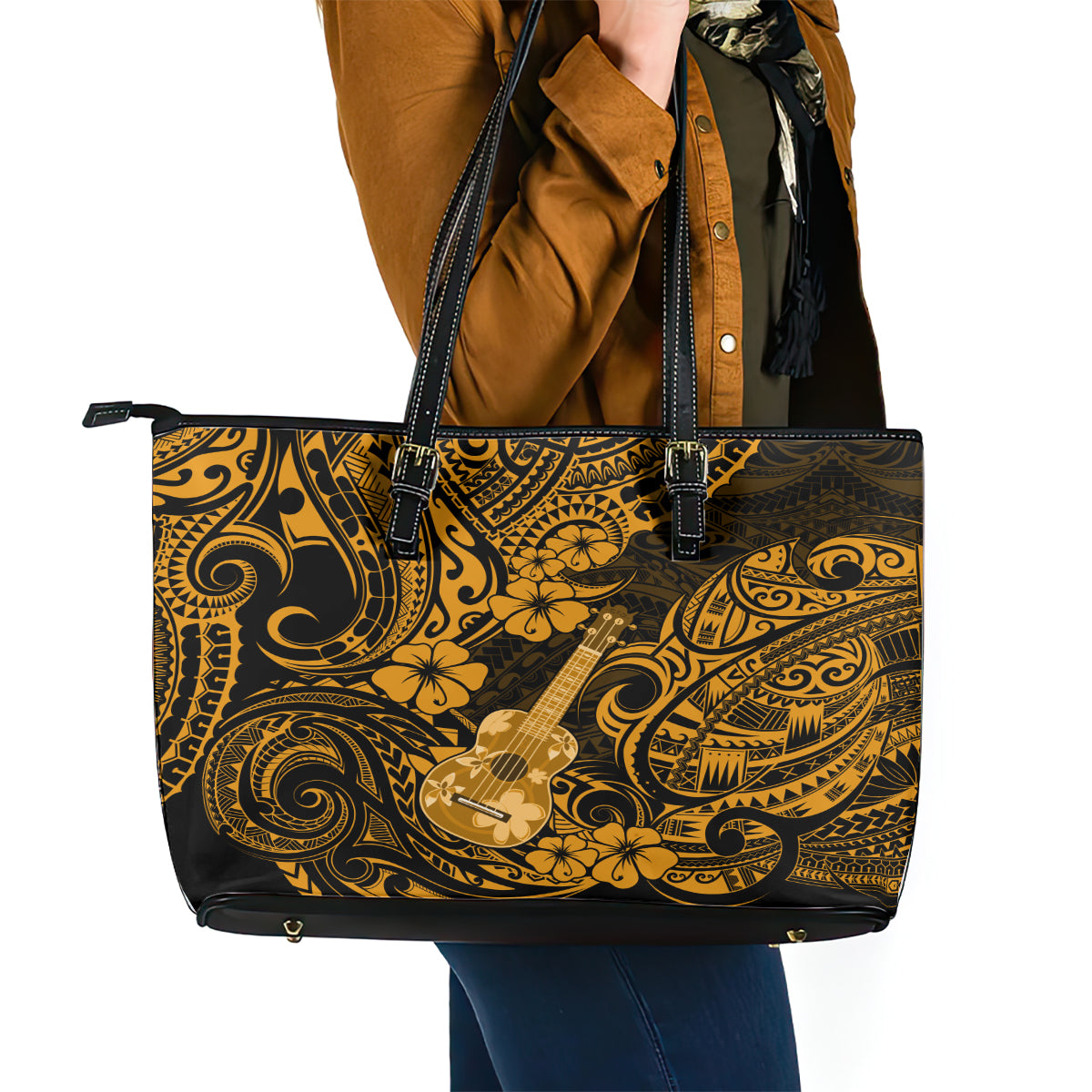 Hawaii Ukulele Leather Tote Bag Polynesian Pattern Gold Version - Wonder Print Shop