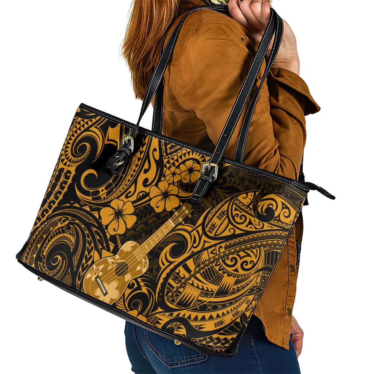 Hawaii Ukulele Leather Tote Bag Polynesian Pattern Gold Version - Wonder Print Shop
