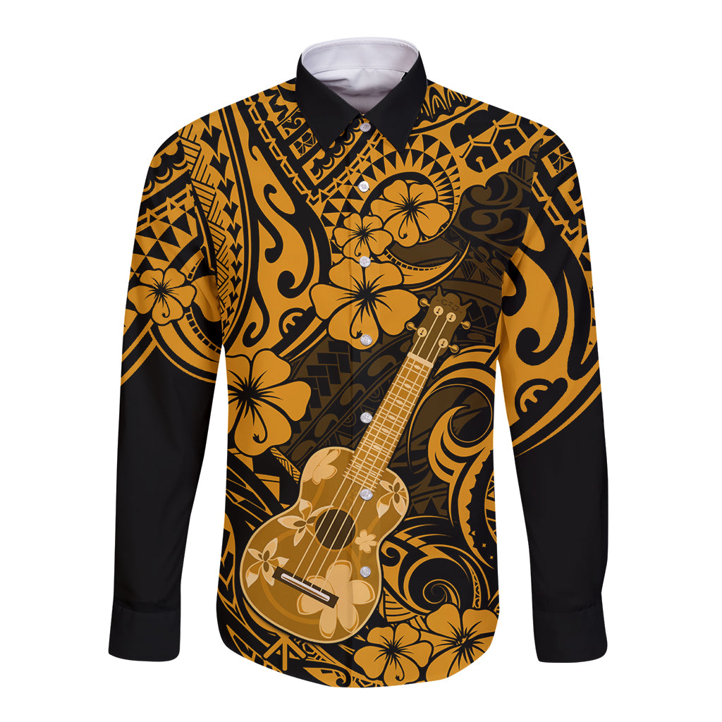 Hawaii Ukulele Long Sleeve Button Shirt Polynesian Pattern Gold Version - Wonder Print Shop