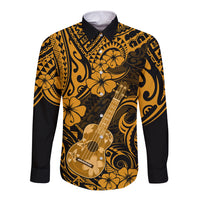 Hawaii Ukulele Long Sleeve Button Shirt Polynesian Pattern Gold Version - Wonder Print Shop