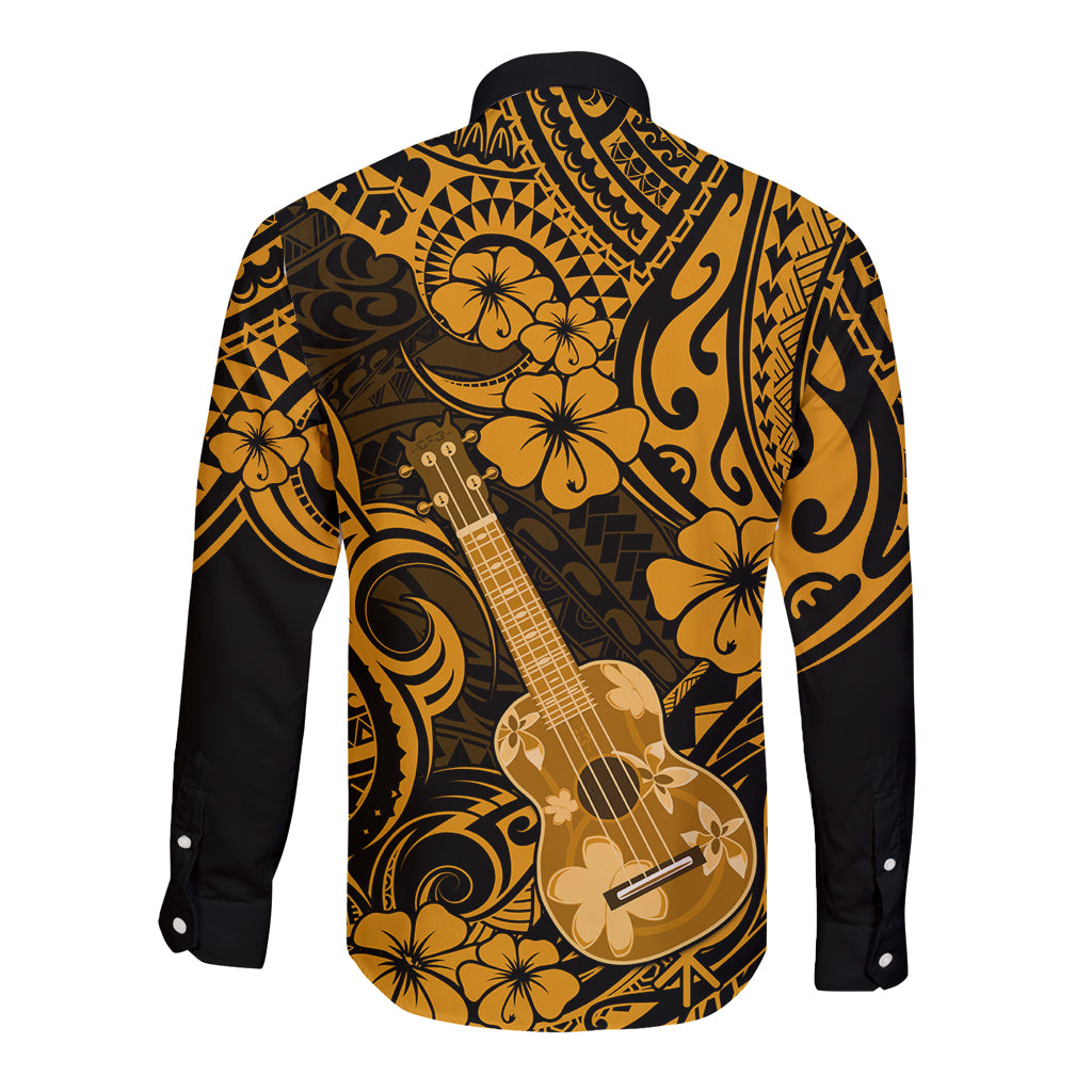 Hawaii Ukulele Long Sleeve Button Shirt Polynesian Pattern Gold Version - Wonder Print Shop