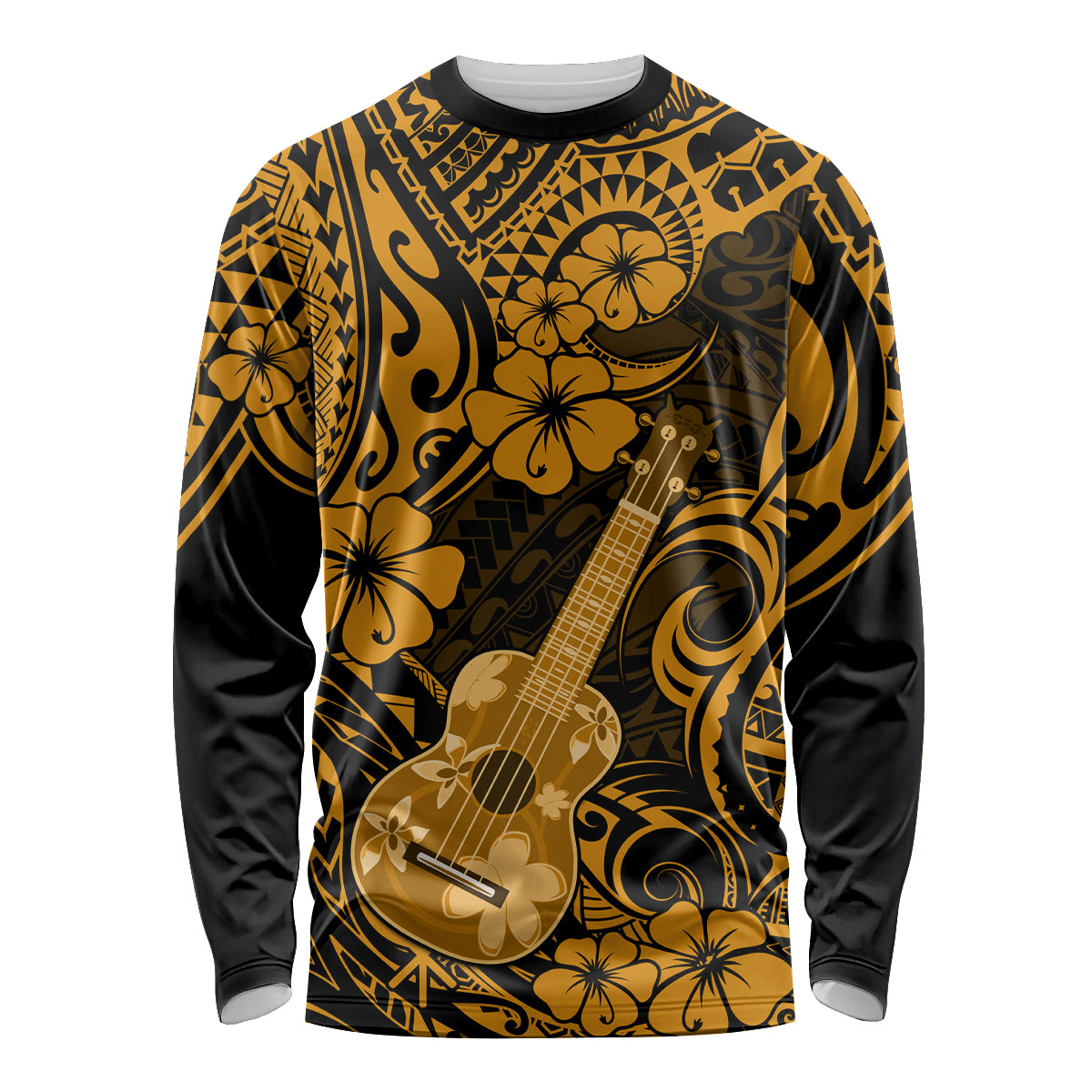 Hawaii Ukulele Long Sleeve Shirt Polynesian Pattern Gold Version - Wonder Print Shop