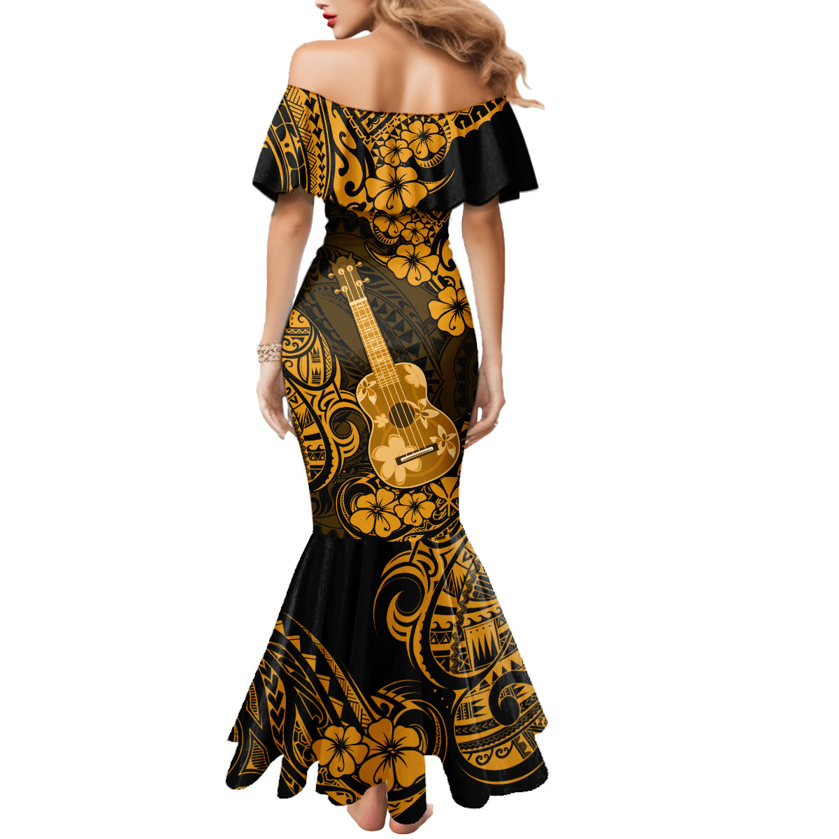 Hawaii Ukulele Mermaid Dress Polynesian Pattern Gold Version - Wonder Print Shop
