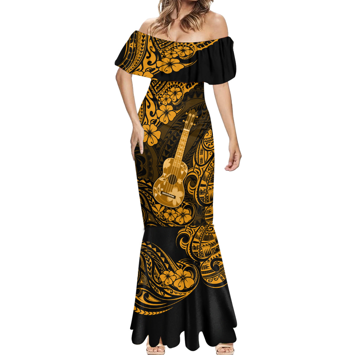 Hawaii Ukulele Mermaid Dress Polynesian Pattern Gold Version - Wonder Print Shop