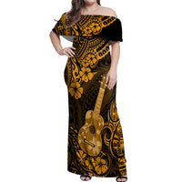Hawaii Ukulele Off Shoulder Maxi Dress Polynesian Pattern Gold Version - Wonder Print Shop
