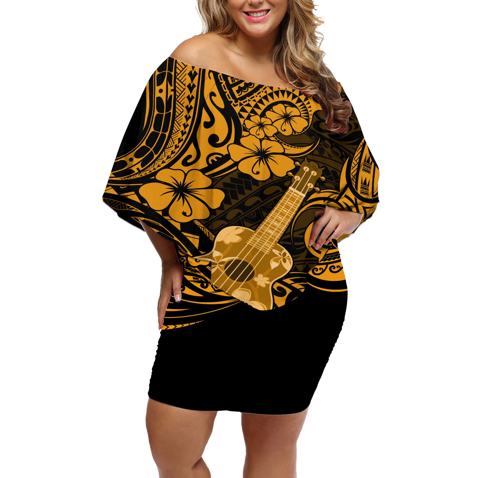 Hawaii Ukulele Off Shoulder Short Dress Polynesian Pattern Gold Version - Wonder Print Shop