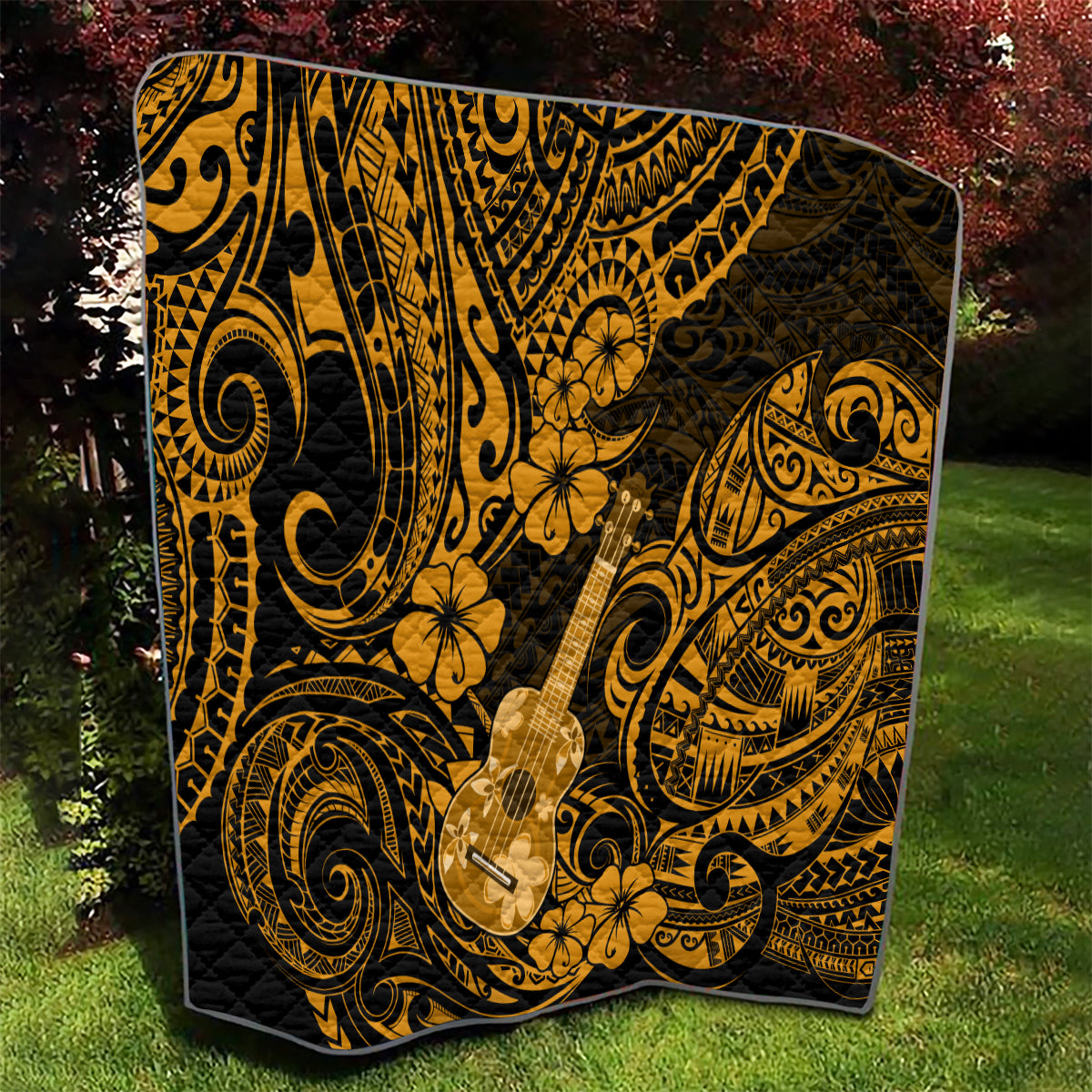Hawaii Ukulele Quilt Polynesian Pattern Gold Version - Wonder Print Shop