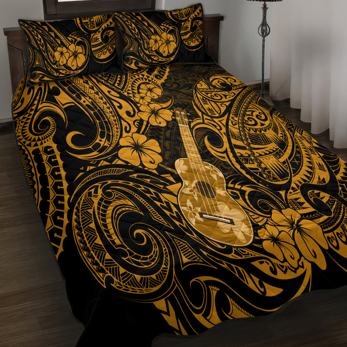 Hawaii Ukulele Quilt Bed Set Polynesian Pattern Gold Version - Wonder Print Shop
