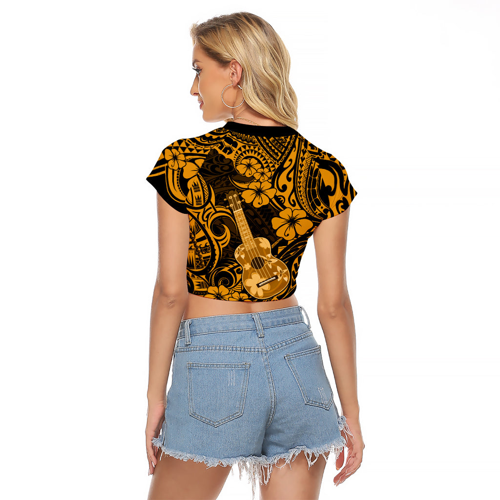Hawaii Ukulele Raglan Cropped T Shirt Polynesian Pattern Gold Version - Wonder Print Shop