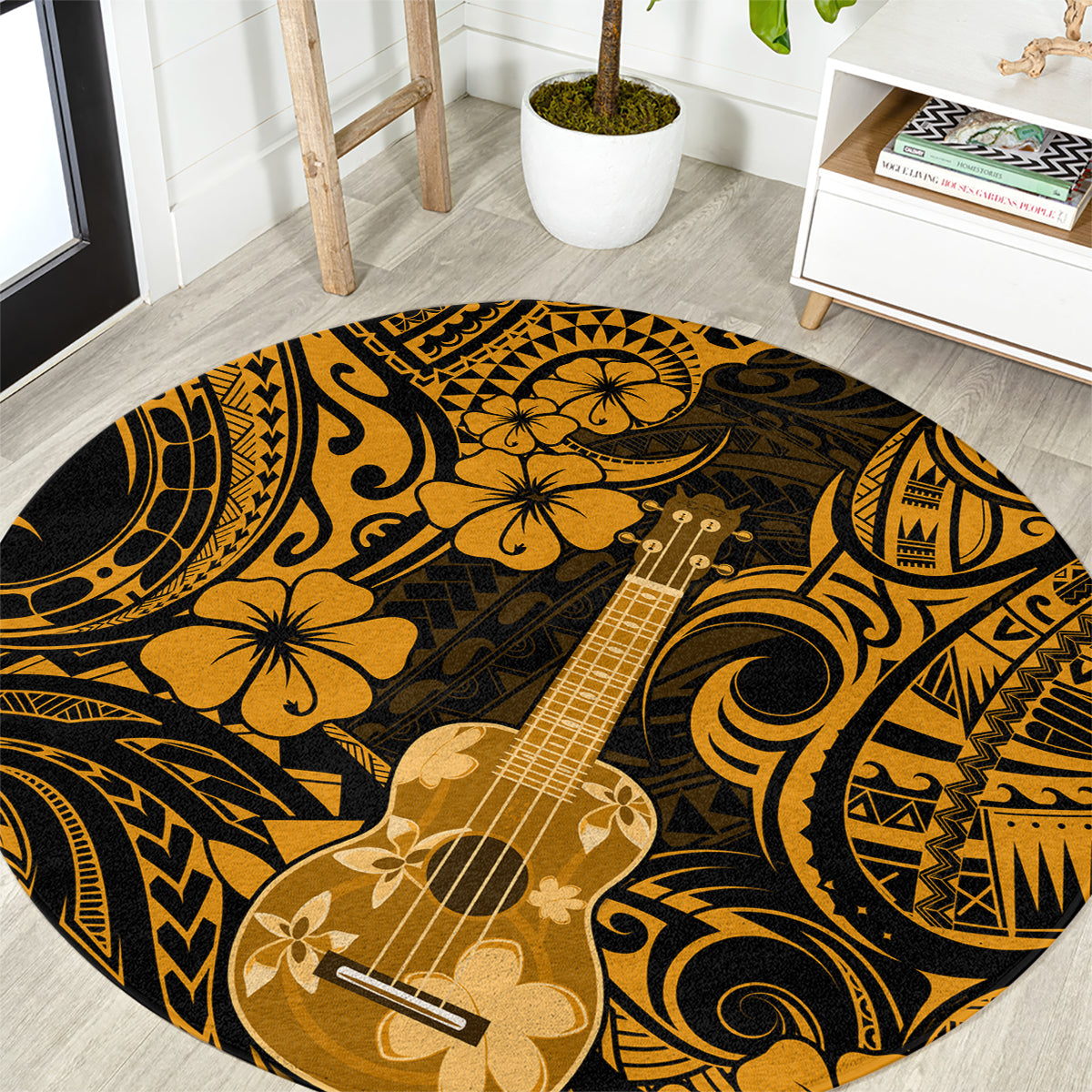 hawaii-ukulele-round-carpet-polynesian-pattern-gold-version