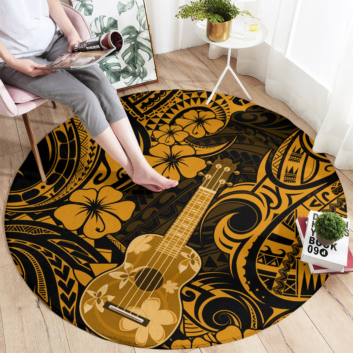 hawaii-ukulele-round-carpet-polynesian-pattern-gold-version