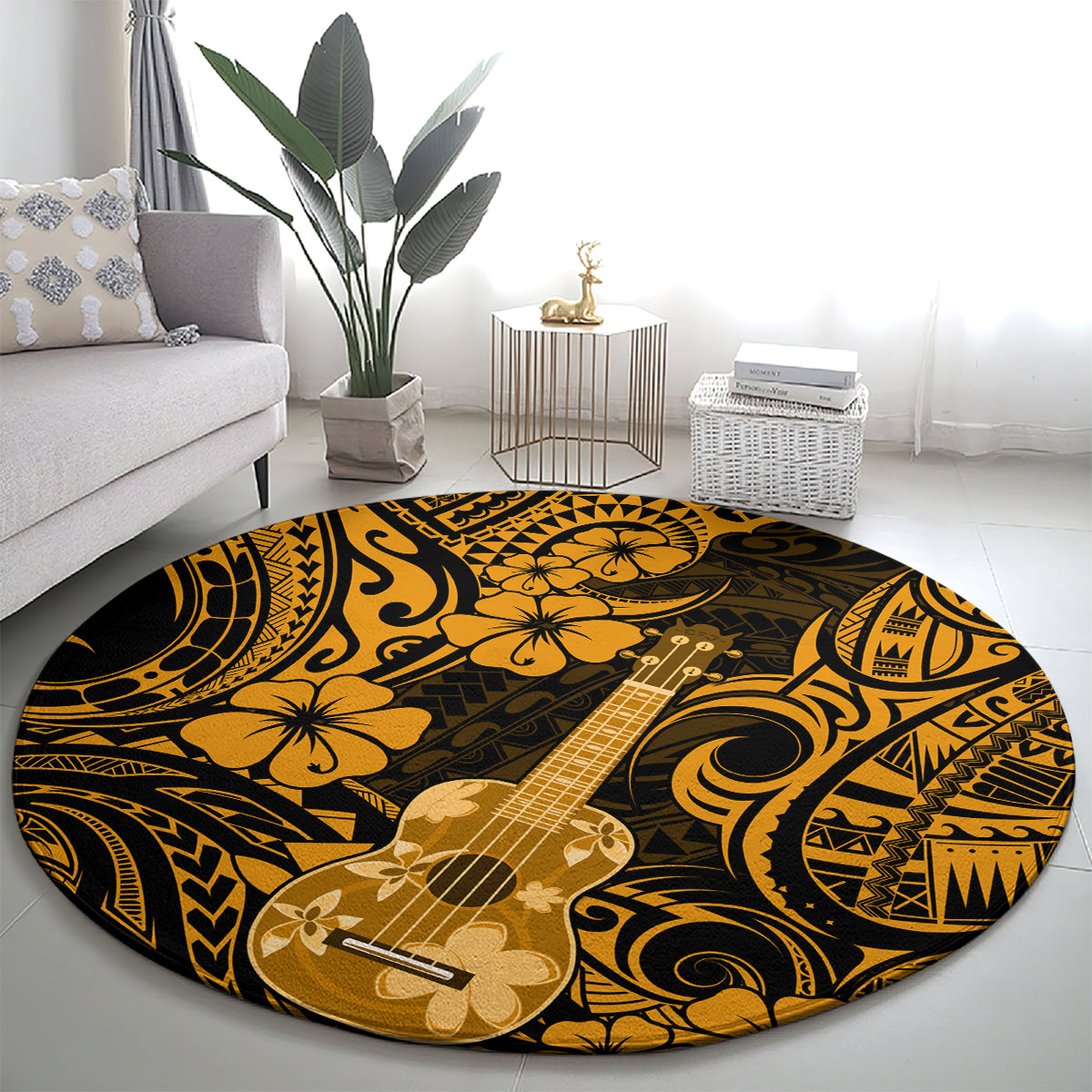 hawaii-ukulele-round-carpet-polynesian-pattern-gold-version