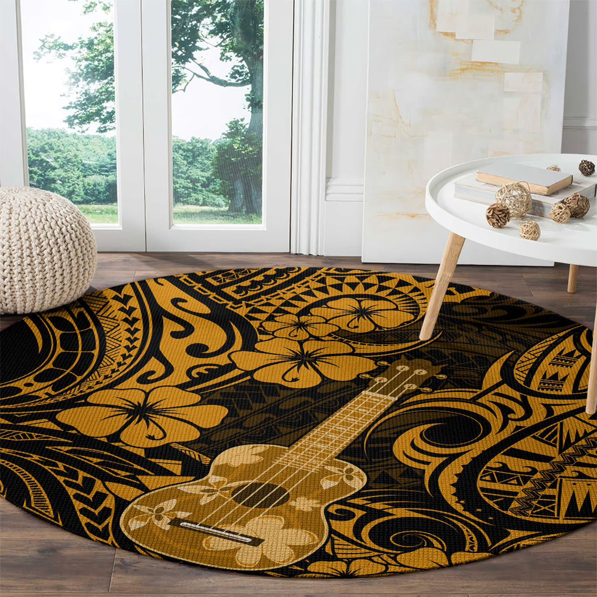 hawaii-ukulele-round-carpet-polynesian-pattern-gold-version