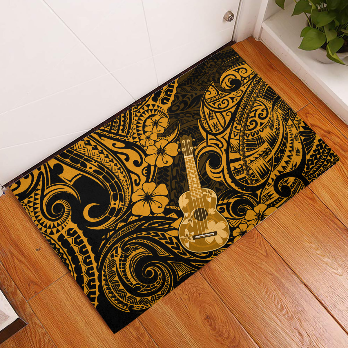 Hawaii Ukulele Rubber Doormat Polynesian Pattern Gold Version - Wonder Print Shop