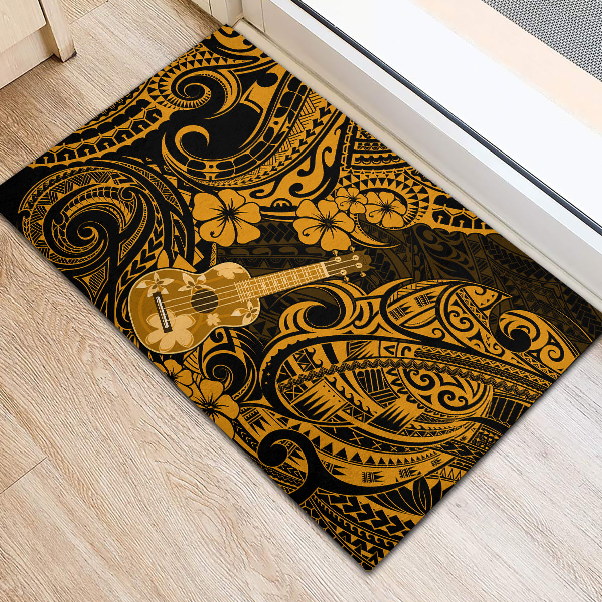 Hawaii Ukulele Rubber Doormat Polynesian Pattern Gold Version - Wonder Print Shop