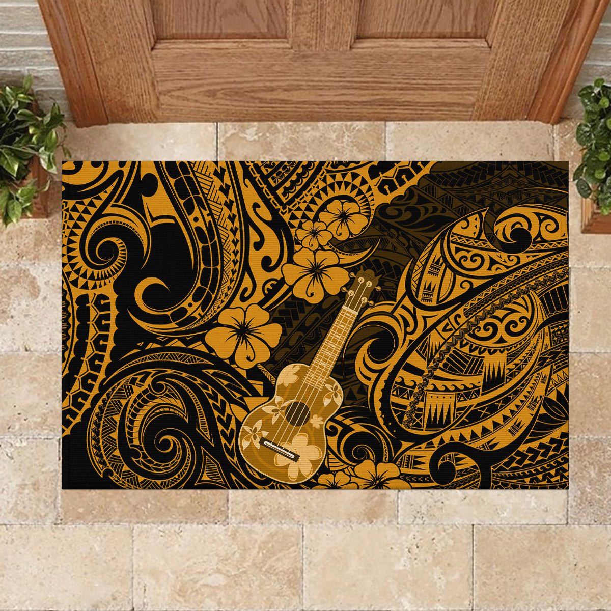 Hawaii Ukulele Rubber Doormat Polynesian Pattern Gold Version - Wonder Print Shop