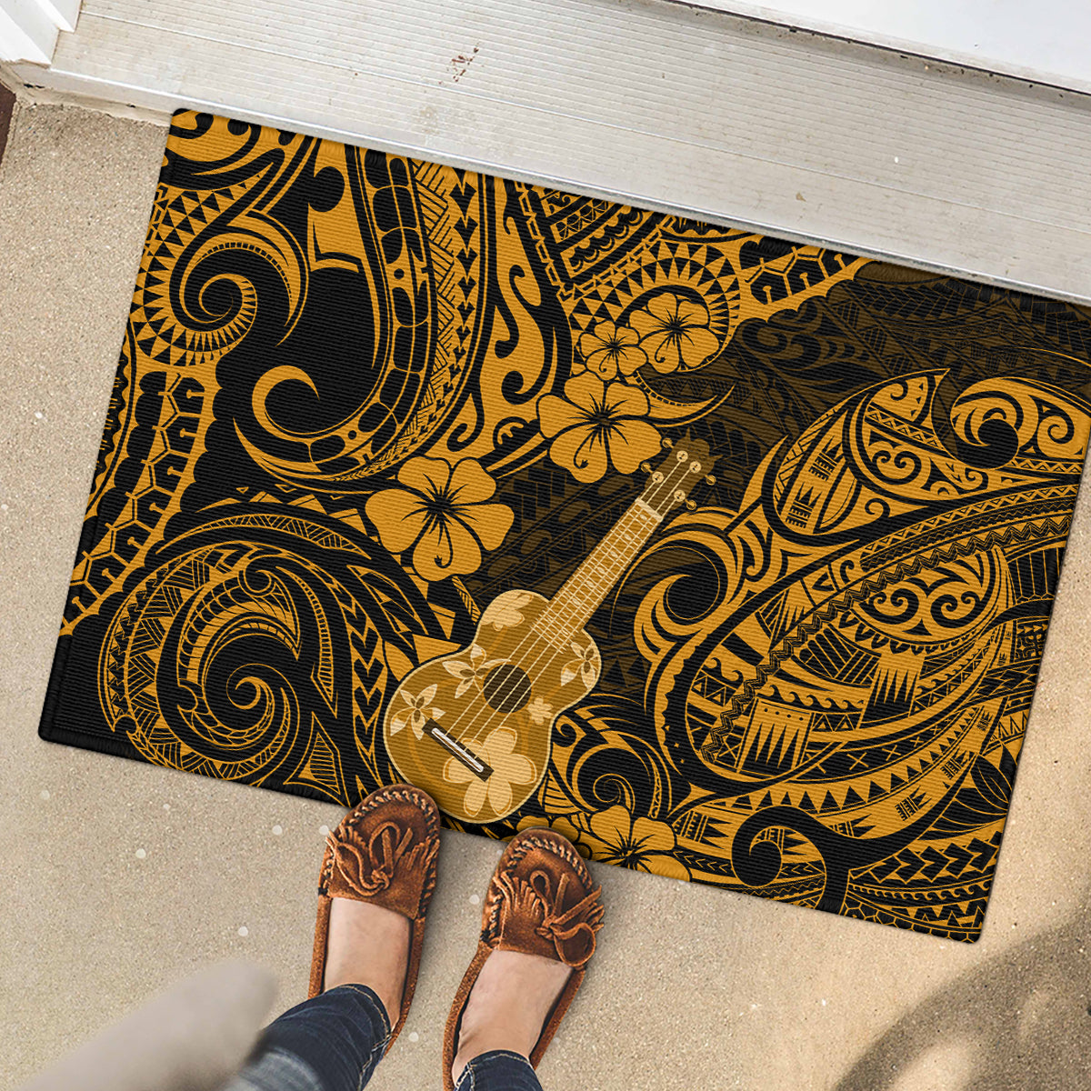 Hawaii Ukulele Rubber Doormat Polynesian Pattern Gold Version - Wonder Print Shop