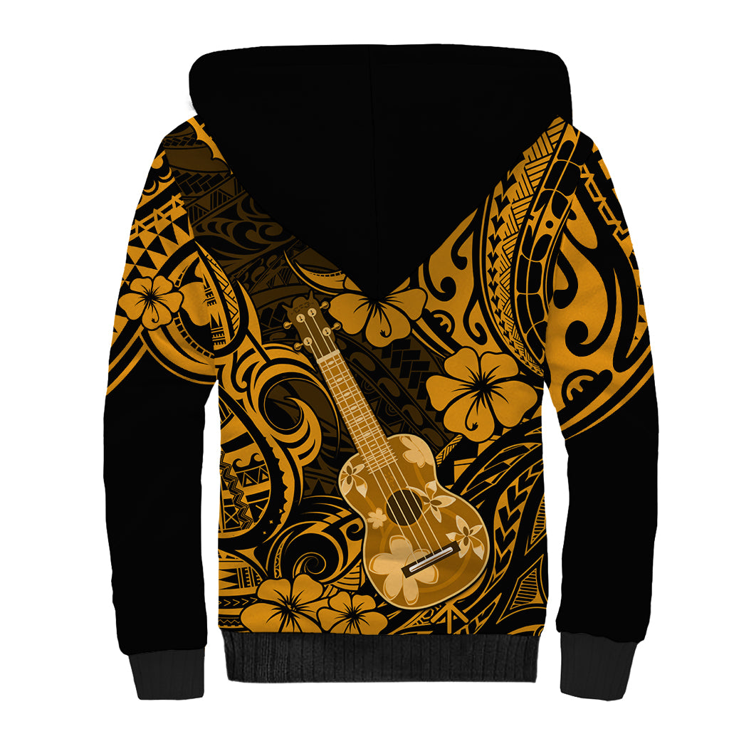 Hawaii Ukulele Sherpa Hoodie Polynesian Pattern Gold Version - Wonder Print Shop