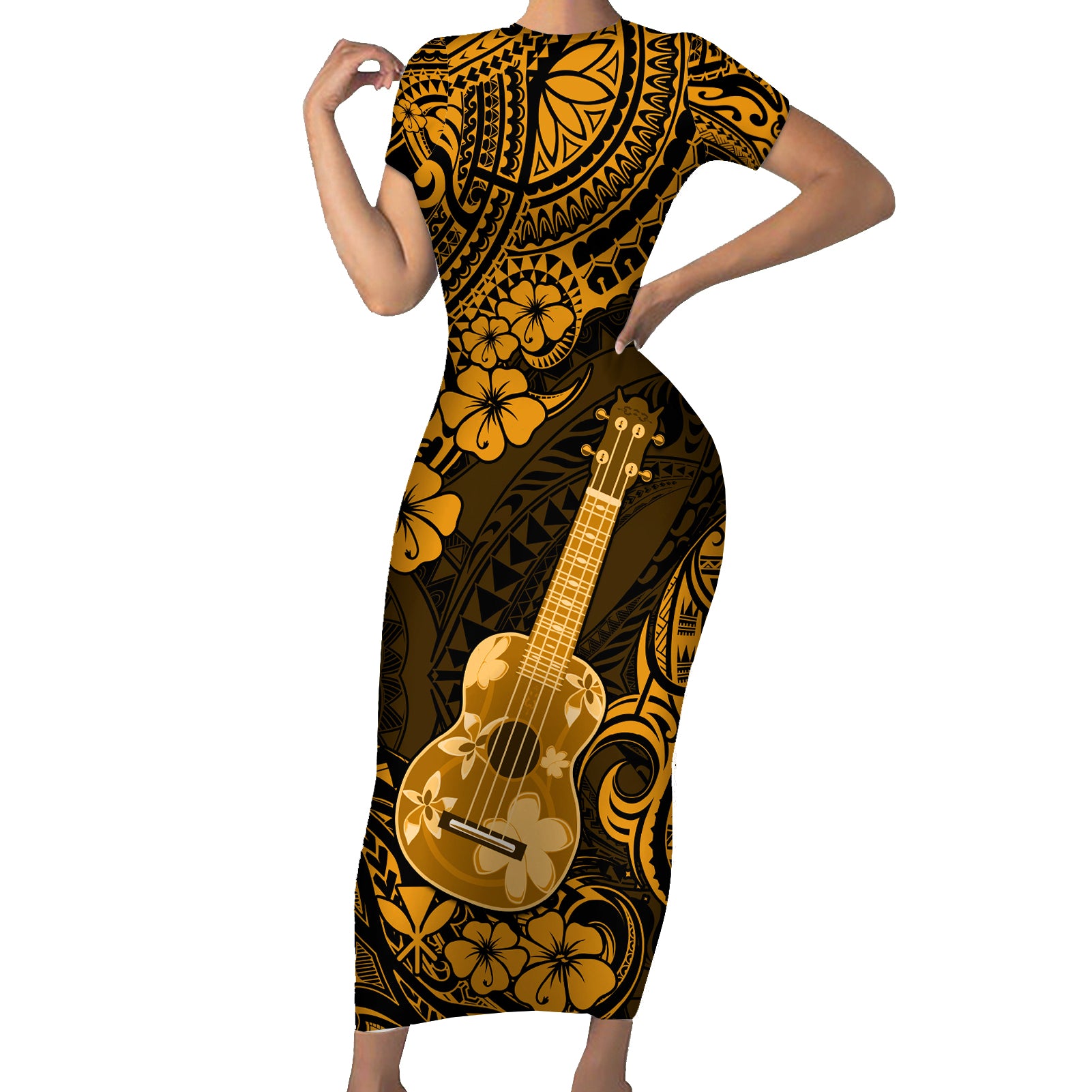 Hawaii Ukulele Short Sleeve Bodycon Dress Polynesian Pattern Gold Version - Wonder Print Shop