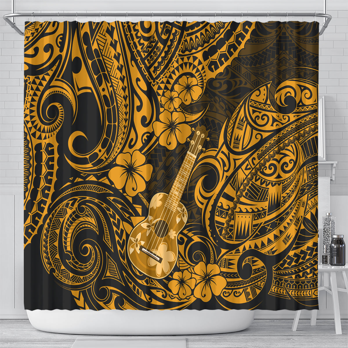 hawaii-ukulele-shower-curtain-polynesian-pattern-gold-version