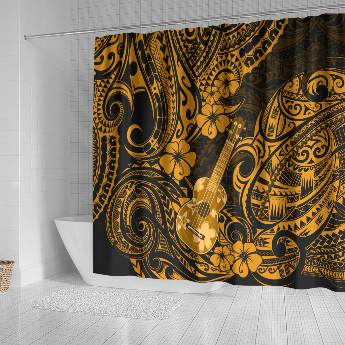 hawaii-ukulele-shower-curtain-polynesian-pattern-gold-version