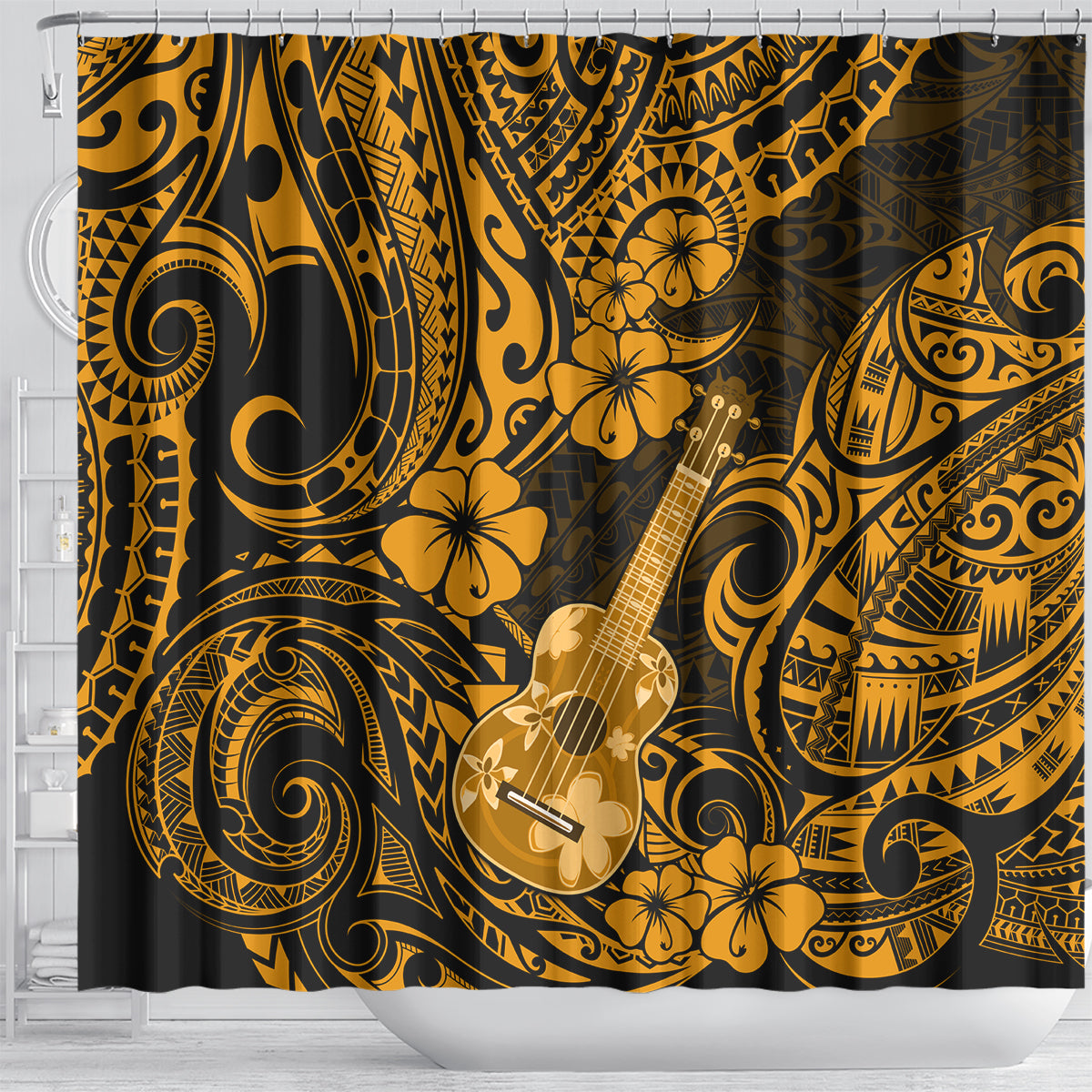 hawaii-ukulele-shower-curtain-polynesian-pattern-gold-version