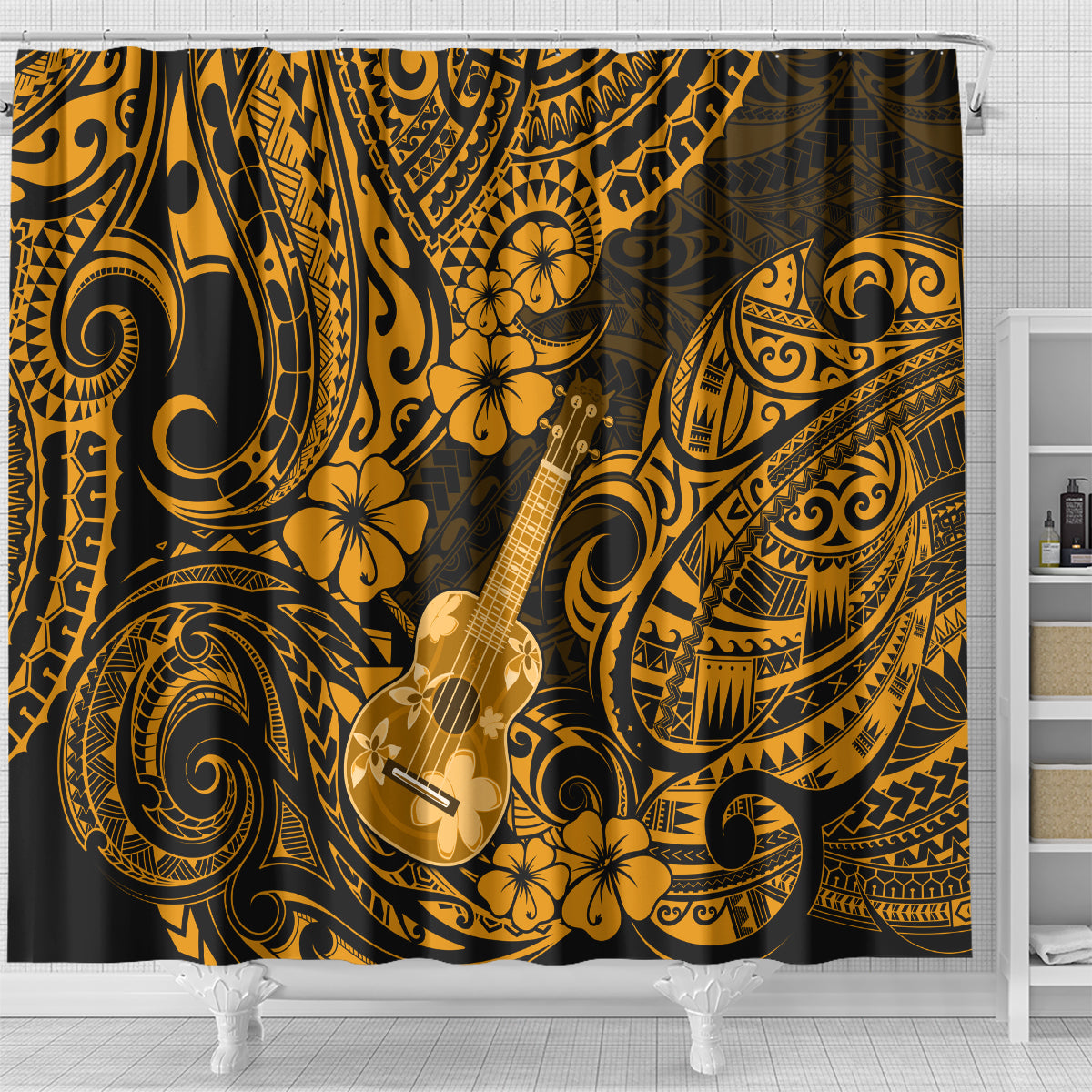 hawaii-ukulele-shower-curtain-polynesian-pattern-gold-version